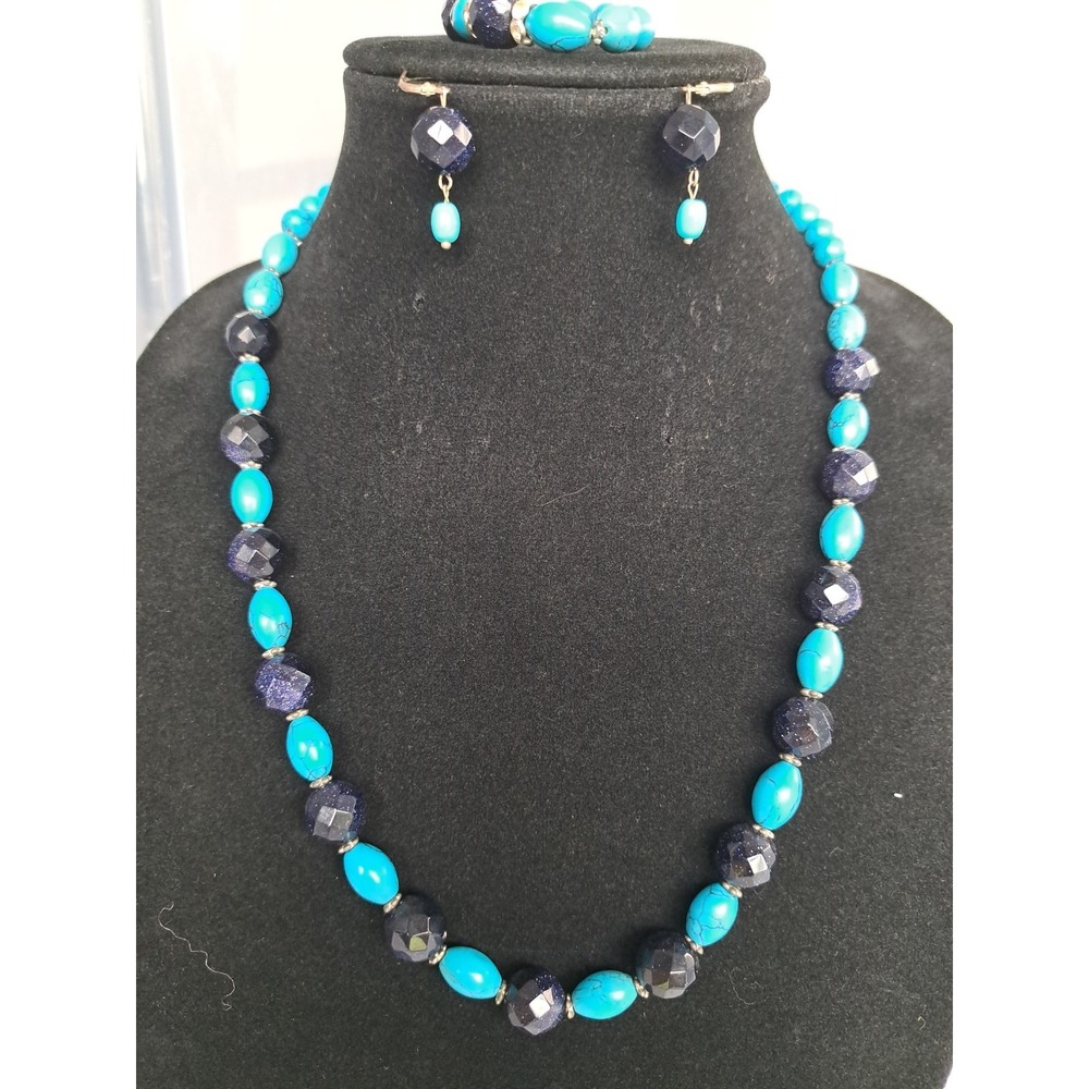 Gemstone Beaded Jewelry Set Necklace Earrings Bracelet Howlite Blue Goldstone